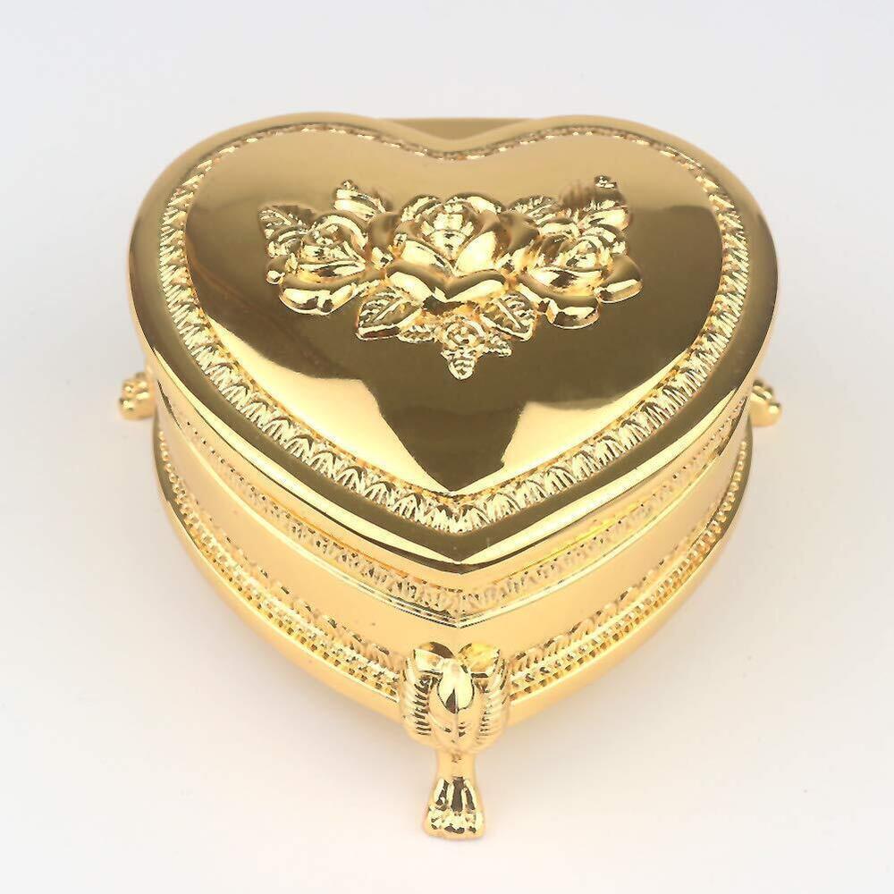 8677 Gold Heart Emboss Alloy Metal Music Box Wind Up Antique Jewelry